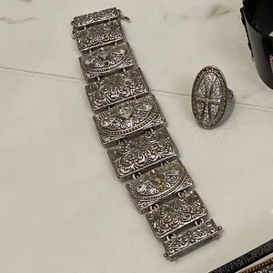 Wide etched silver bracelet and cross ring